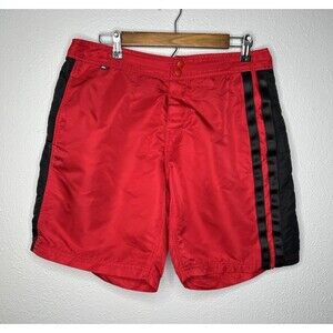Vintage RLX Polo Sport Men's Red Nylon Swim Trunks Black Stripe Y2K Shorts 32